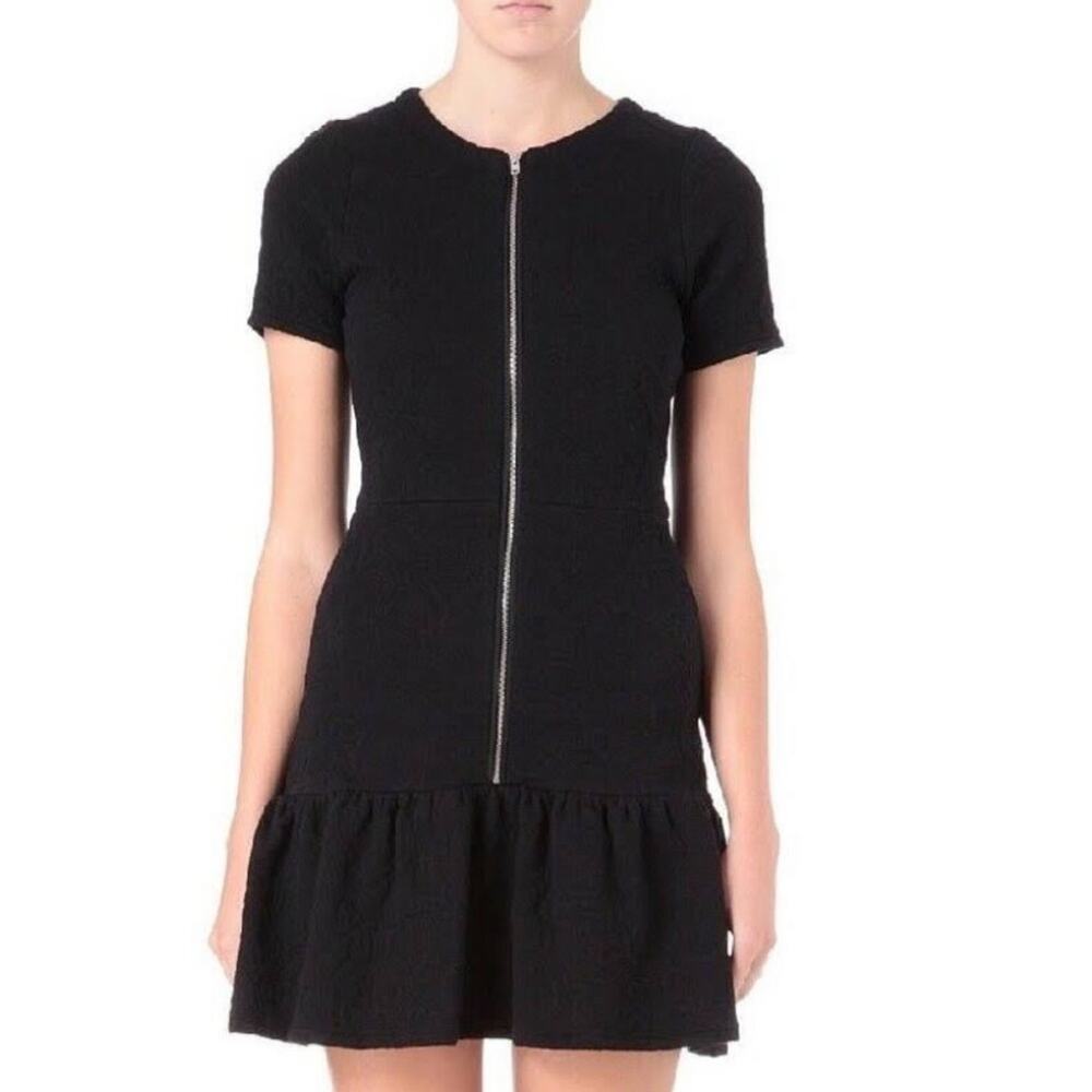 The Kooples size XS Mini Dress Black Zip Cotton Front Ruffle Hem Short Sleeve